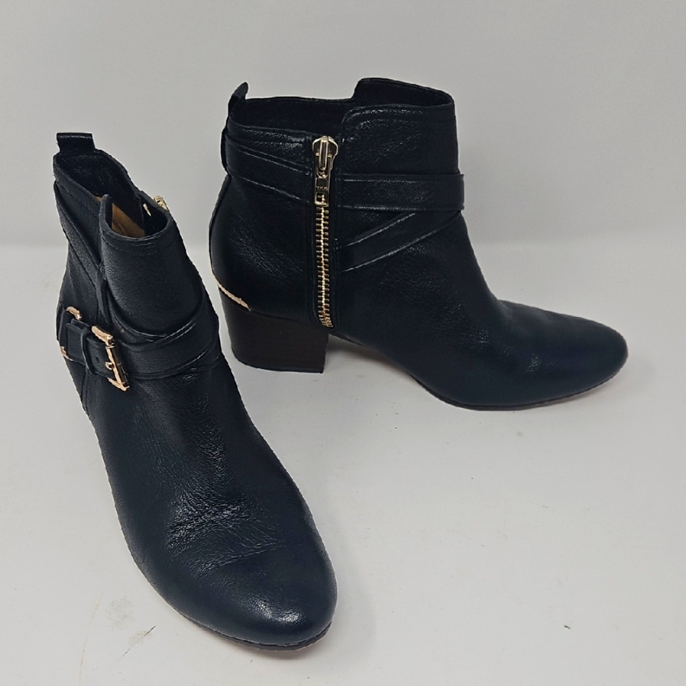COACH Black Leather Pauline Ankle Boots Sz6.5 Zip Side Buckle Strap Gold 2" Heel